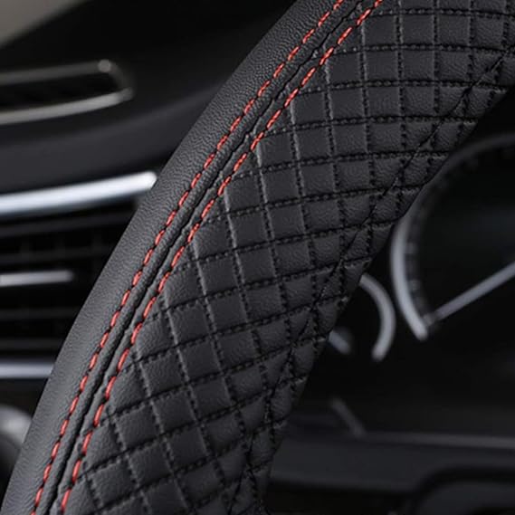 Leather Steering Wheel Cover, Heavy Duty Universal 38cm/15'' Anti-Slip, Heat & Wear Resistant, Sport Design, Easy to Install, Black - Enhances Driving Comfort & Vehicle Aesthetics