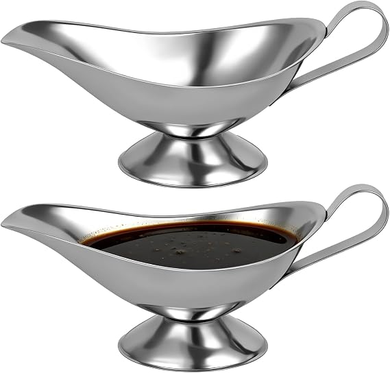 2 Pcs Stainless Steel Gravy Boat Set, 10 fl oz Sauce Ladle Pitcher, Ergonomic Handle and No-Drip Spout, Mirror Polished Sauce Server for Steak, Table Serving, Parties and Restaurants