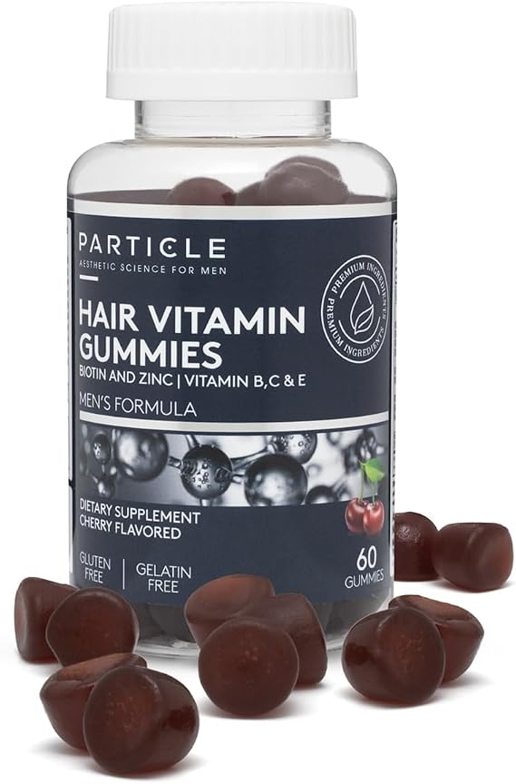 Particle Mens Hair Gummies, Gluten Free & Vegan Supplement with Vitamin C, Biotin, Zinc & Vitamin B12, Mens Daily Supplement for Hair & Wellness Support, Cherry Flavor, 60 Gummies, 1 Month Supply