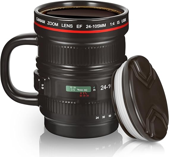 Cabtnca 16Oz Camera Lens Coffee Mug, Cool Photography Gifts for Photographers Christmas, Funny Ceramic Coffee Mug with Lid and Handle
