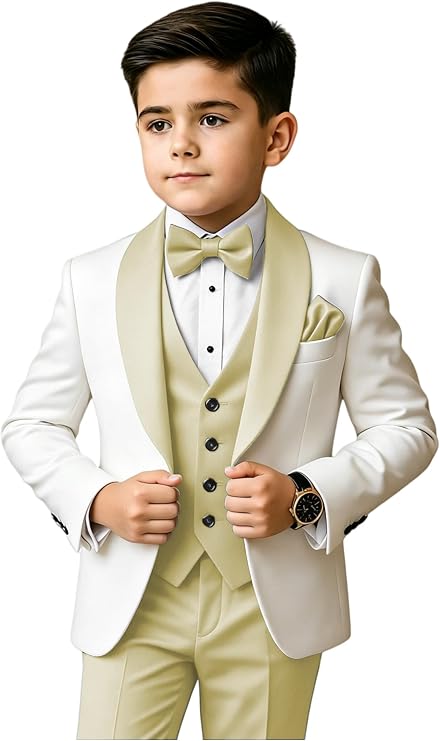 Boys 3 Piece Tuxedo Suit Shawl Lapel Slim Fit Formal Suits Set Jacket Vest Pants for Wedding Ring Bearer Prom