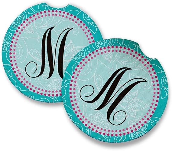 Monogram M | Car Coasters for drinks Set of 2 | Perfect Car Accessories with absorbent coasters. Car Coaster measures 2.56 inches with rubber backing.
