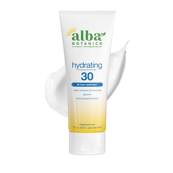 Alba Botanica Hydrating Sunscreen Lotion, SPF 30 Broad Spectrum Protection, 24 Hour Hydration, Water Resistant (40 minutes), Fragrance Free, Oxybenzone-Free, 3 Fl. Oz