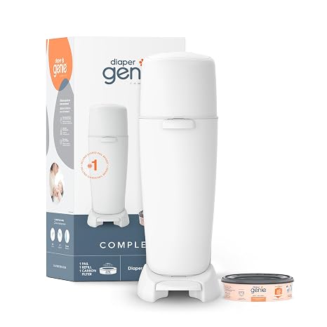 Diaper Genie Complete Diaper Pail White Includes 1 Refill Holds 270 Newborn Diapers & 1 Carbon Filter