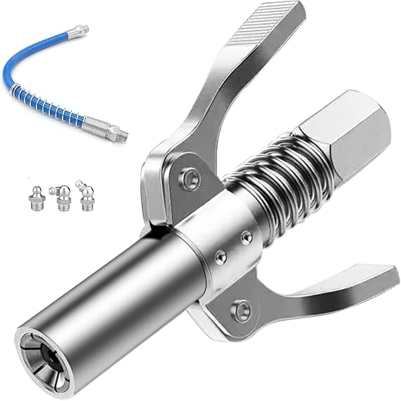 GSXRB Grease Gun Coupler,Quick Lock Double Handle Grease Gun Nozzle with12IN Spring Hose and Three Grease Fittings are Included,Rated 10000 PSI