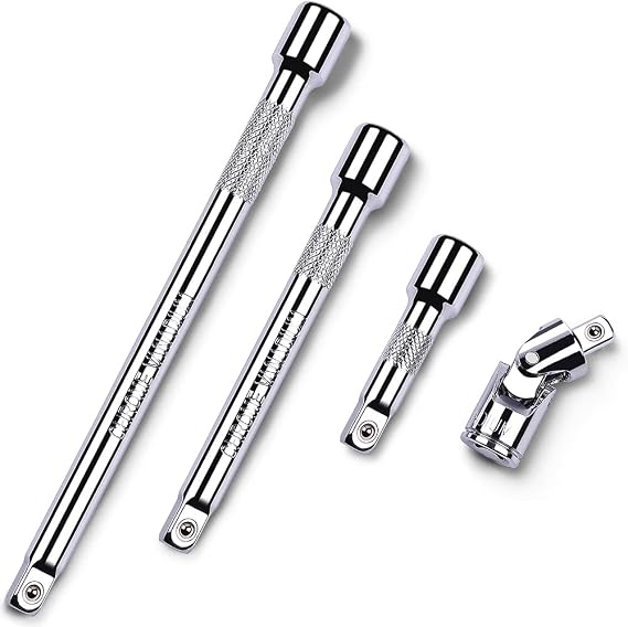 4 Piece 1/4 Inch Drive Extension Bar Set, 1/4 Inch Drive Socket Extension Set Includes 2, 4, and 6 Inch Extensions and 1/4 Inch drive Universal Joint Socket | Includes 2", 4", and 6" Extensions and Universal Joint Socket
