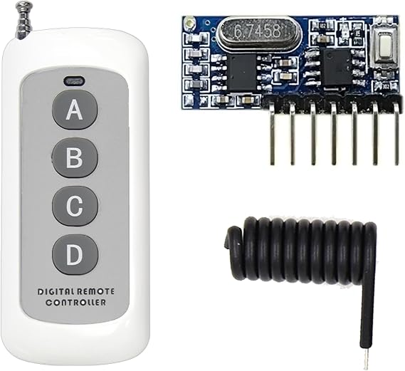 QIACHIP 433MHz Wireless Remote Control Switch Mini Receiver Built-in Learning Code 1527 Decoding 4 Channel Output with 656 FT Long-Distance 4-Button Transmitter White