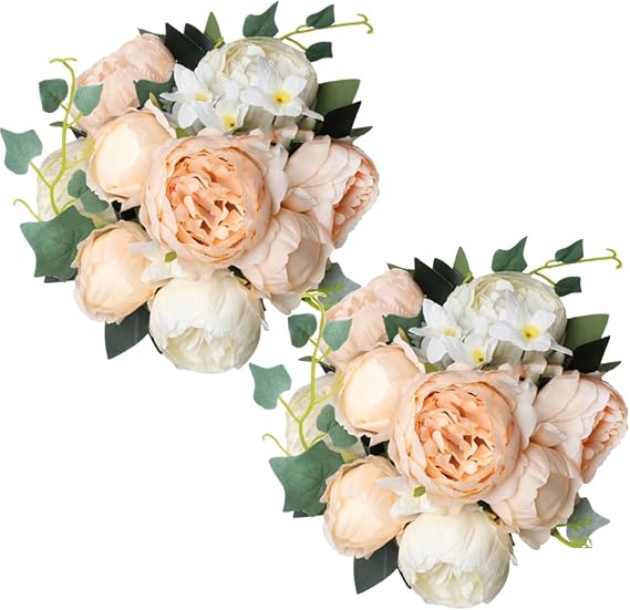 Shengyuan 2 Packs of Artificial Peony Flowers Silk Peonies Champagne Cream Fake Flower Bouquet Arrangements for Home Wedding Party Decoration(Champagne Cream,2 Pack)