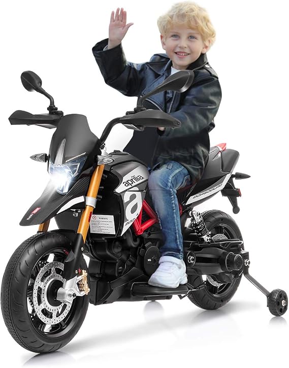 Costzon 12V Kids Motorcycle, Licensed Aprilia Electric Motorcycle Ride On Toy w/Training Wheels, Spring Suspension, LED Lights, Sounds & Music, MP3, Battery Powered Dirt Bike for Boys & Girls, Black