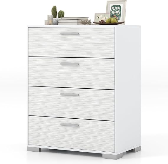 Giantex Storage Cabinet with 4 Drawers, Metal Legs & Handles, Anti-Toppling Devices, Tall Cabinet, End Table, Modern Storage Organizer for Living Room, Entryway, Hallway (White)