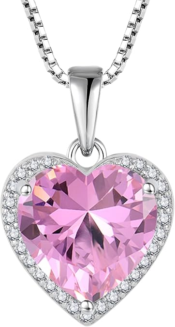 Love Heart Necklace for Women 925 Sterling Silver Simple Halo Solitaire Pendant Necklace Birthstone Jewelry for Her