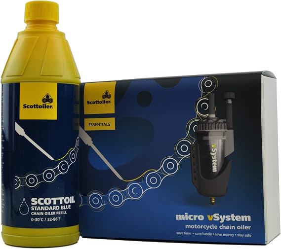 Scottoiler Essentials - micro-vSystem - Automatic Motorcycle Chain Oiler and Blue Scottoil Refill - Starter Kit BUNDLE