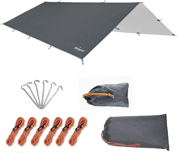 Unigear Camping Tarp Waterproof Rain Fly, Lightweight Tent Shelter Canopy | Foldable tarp shelter for hiking and camping, waterproof cover against rain, snow and sun, suitable as tent awning or outdoor