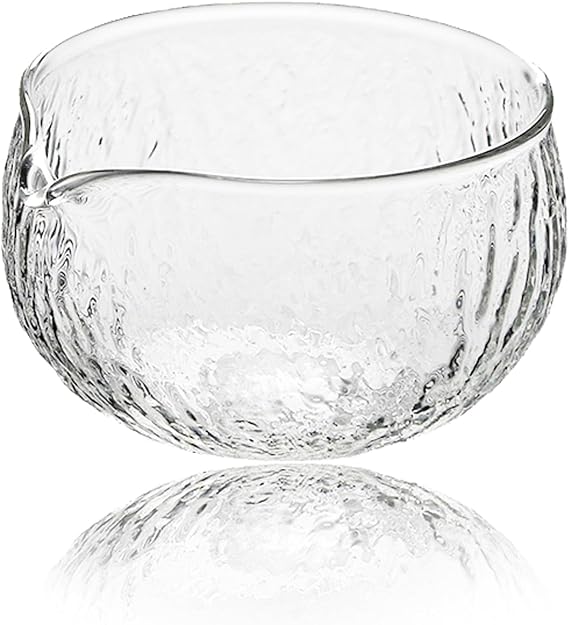 Handmade Japanese Style Matcha Green Tea Ceremony Bowl, Textured Glass, 13.5 oz, With Pouring Spout (Glass)