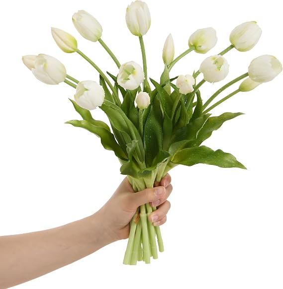15 pcs Tulips Artificial Flowers Faux Tulips Real Touch Latex Fake Flower Bouquet for Wedding, Office, Party, Home Décor Centerpiece Arrangements (White)