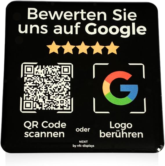 Stand / Sticker Card for Google Reviews – with QR Code and NFC – 6 x 6 cm (1x Pack Black / German)