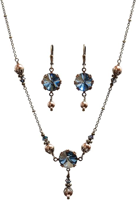 HisJewelsCreations Rivoli Pendant Crystal Simulated Pearl Necklace Earring Set