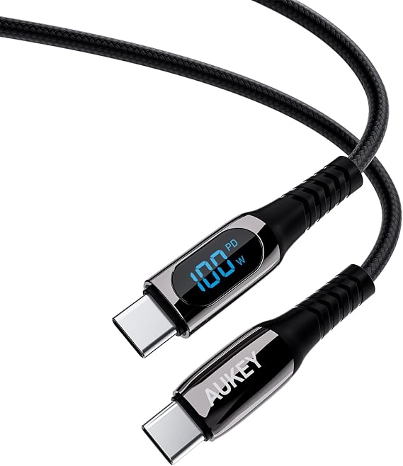 OKEY USB Type-C Cable, C-C, 3.3 ft 1 m, Impulse Series, CB-CC13, Black, PD, Rapid Charging, Digital Display, 100 W, 5A 20 V, Smartphone Resistant, Data Transfer, 480 Mbps