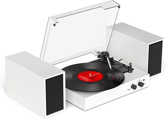 Record Player with External Speakers Vintage Bluetooth Turntables for Vinyl Records, 3 Speed Belt Drive Vinyl Player with Dual Stereo Speakers, PC Encoding, RCA/AUX/Headphone, in White
