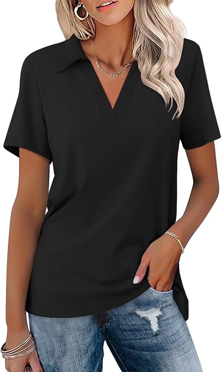 ORANDESIGNE Womens Short Sleeve V Neck Polo Shirts Summer Collared Tops