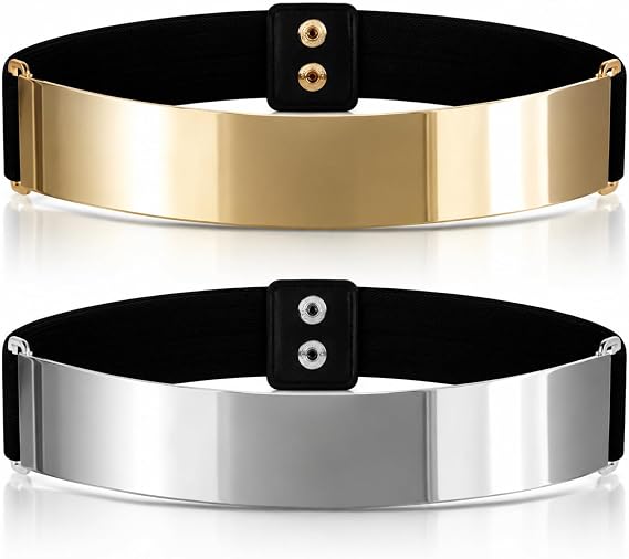 Chuangdi 2 Pack Gold Metal Waist Belt for Women, Mirror Elastic Waist Belt for Dress and Party Outfit
