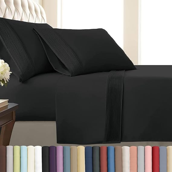 SouthShore Fine Living Vilano Pleats, 3-Piece, 21-Inch Extra Deep Pocket Sheet Set, Twin Sheets Set with Flat Sheets and Pillowcase, Easy Care and Shrinkage-Free Deep Pocket Sheets, Sheet Set, Black