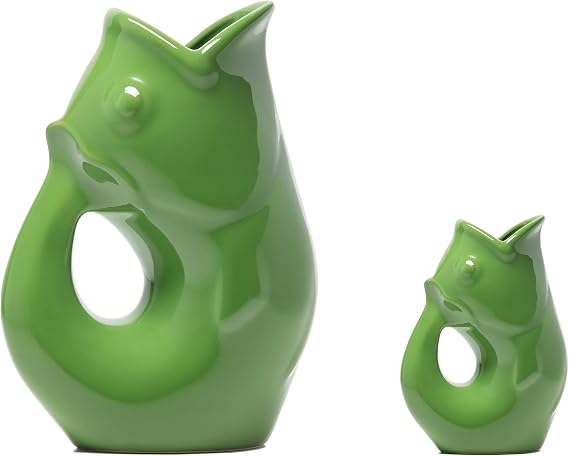 Gurgle Pot Fish Pitchers - Set of 2 - Large Moss Green (42 oz) with matching Baby Gurgle Pot (3oz). Great Combination.