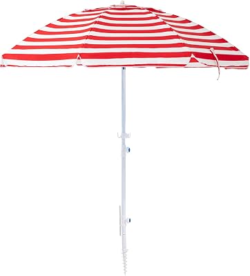 SERWALL 7.5FT Beach Umbrella with Removable Sand Anchor, UV 50 Outdoor Portable Sunshade Umbrella with Push Button Tilt and Carry Bag for Patio, Garden, Backyard Red-White Stripe