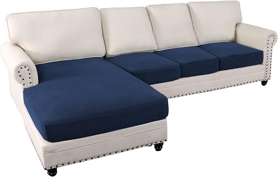 cjc Couch Cover for Sectional Sofa L Shape 3 Piece Covers, Jacquard Stretch Cushion Couch Chaise Cover for Living Room Sofa Slipcovers L Shape Furniture Cover (Navy Blue, 4 Piece Covers)