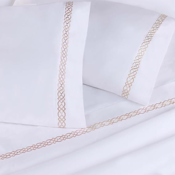Superior Egyptian Cotton Embroidered Pillowcase Set, 1000 Thread Count, Luxury Soft Pillowcase, Envelope Closure, Bedding for Adults, Kids, Lightweight Pillow Covers, 2 Pack, Standard, White-Tan