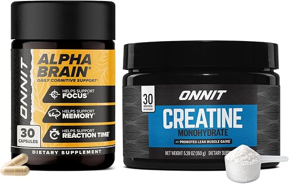 ONNIT Cognitive & Strength Performance Bundle: Alpha Brain Nootropic Capsules (30 Count) + Creatine Monohydrate Powder (30 Servings), IGEN Non-GMO Tested Focus, Strength & Lean Muscle Pack of 2