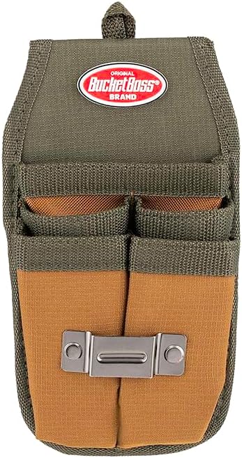 Bucket Boss Four-Barrel Tool Sheath with FlapFit to Fit Instantly Over a Belt or Into a Pants Pocket, with 5 Tool Pockets and 2 Loops, and Metal Tape Clip, in Brown, 54184