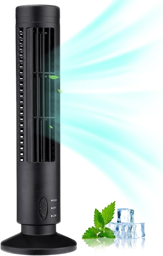 Small Tower Fan, 13 Inch 2 Speeds USB Rechargeable Bladeless Tower Fan Portable Air Conditioner for Bedroom Livingroom Black Bladeless