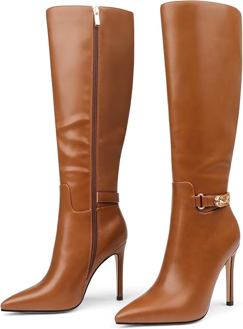 COLETER Women Knee High Boots Pointed Toe Stiletto Buckle Slouch Tall Boots | Side Zipper Metal Buckle Tall Dress Boots, Fall Winter Slouchy Long Boots, Evening Bridal Office Heeled Boots