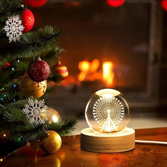 MR 3D Kristal Cam Küre, Ahşap Soketli Gece Lambası,LED, sevgiliye hediye, Noel, Öğretmenler Günü, Özel Tasarım Harika bir hediye (Dönme dolap) [Enerji Sınıfı A]