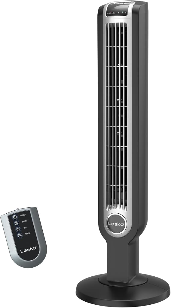 Lasko Oscillating Tower Fan with Remote Control and Timer - Quiet Standing Fan for Bedroom, Office, and Home - 3 Speeds - Powerful Cooling Air - 2511 - 36" Tall - Black