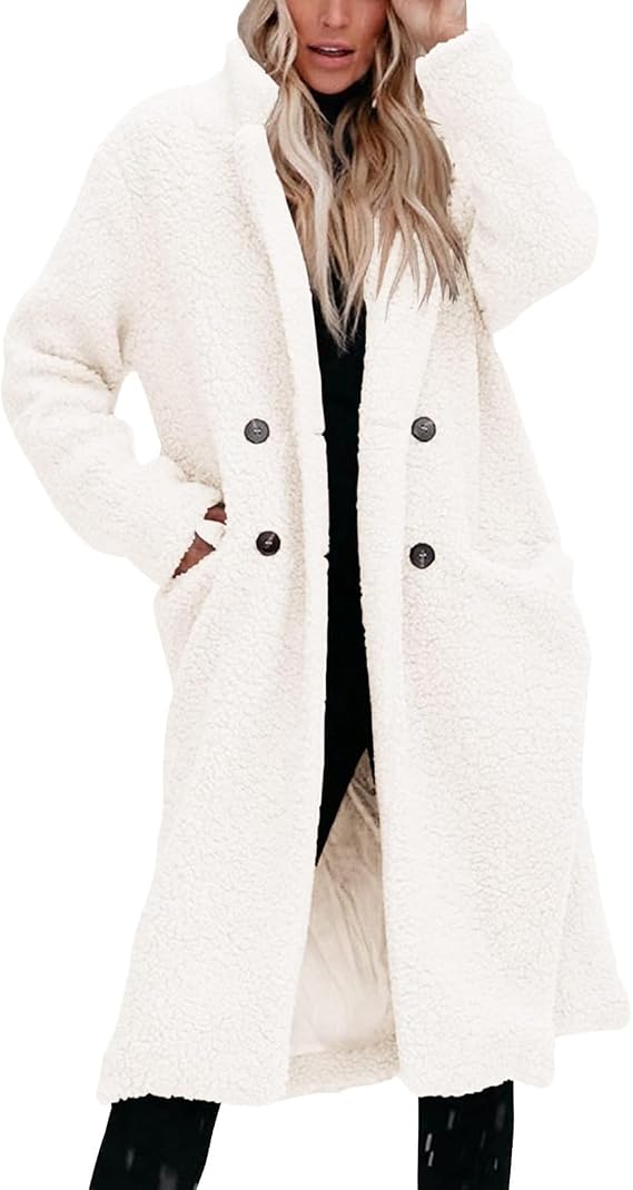 DMOYALA Womens Fuzzy Fleece Jacket Sherpa Trench Coat Trendy Double Breasted Open Front Long Cardigan with Pocket S-XXL
