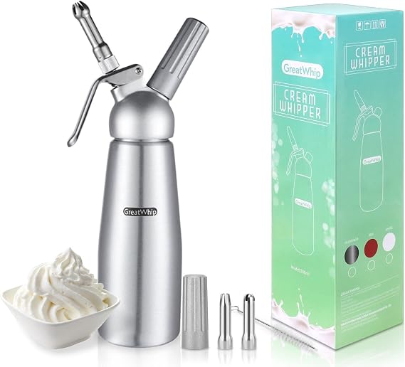 GreatWhip Whipped Cream Dispenser Highly Durable Aluminum Whipped Cream Maker 500ml /1 Pint Large Capacity Cream Whipper with 3 Stainless Steel Nozzles & Cleaning Brush