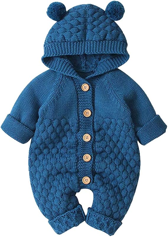 OBEEII Baby Girl Boy Sweater Romper Knitted Overall Hooded Jumpsuit Cute Warm Clothes