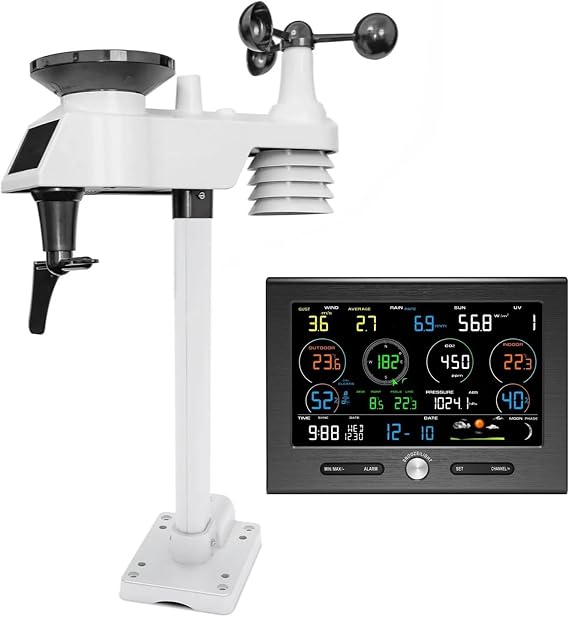 Weather Station 7 in 1 Outdoor Sensor with WiFi Remote Monitoring and Alerts Detector Indoor AQI PM2.5 PM10 CO2 Monitor,