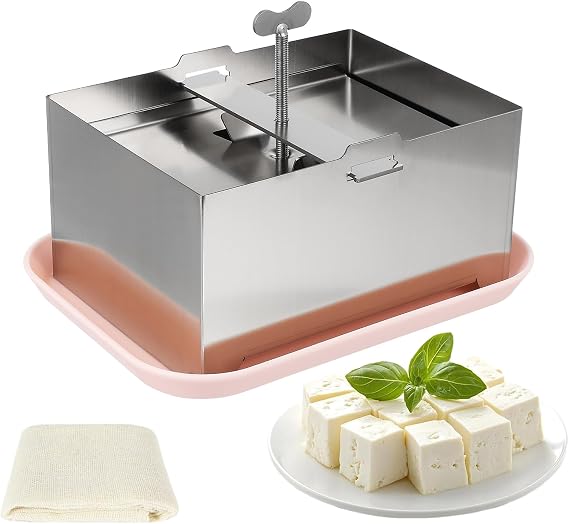 Tofu Press Stainless Steel Paneer Maker Food Strainer with Presser Towel and Drip Tray, Fast Water Removal Enhanced Texture & Flavor, Tofu Maker for Homemade Firm Tofu, Cheese, Paneer