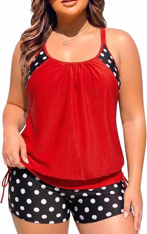 Holipick Womens Plus Size Tankini with Shorts Two Piece Swimsuits | Tummy Control, Blouson Design, Double Up, Side Drawsting, High Waisted Shorts, Adjustable Straps,Pool, Beach