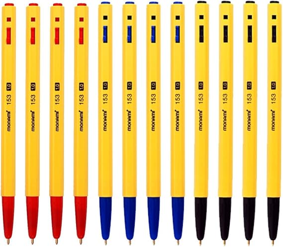 Monami 153 Ballpoint Pen 1.0mm Dozen Box (Black, Blue, Red Ink Color Mix 12 Pens)
