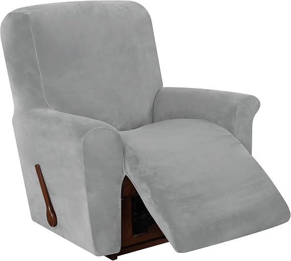 Stretch Recliner Chair Cover, 4-Pieces Recliner Slipcover Soft Velvet Recliner Covers Non Slip Furniture Protector with Pocket (Light Grey), JS-10064