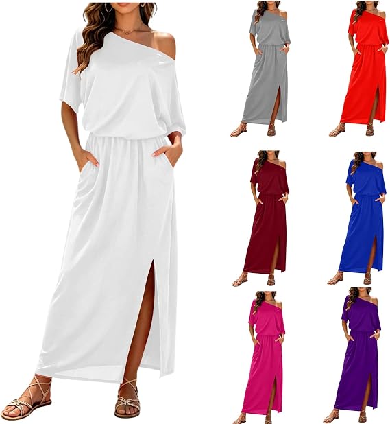 Maxi Dresses for Women Off Shoulder Wedding Guest Dress Casual Short Sleeve Dress Summer Slit Dresses with Pockets