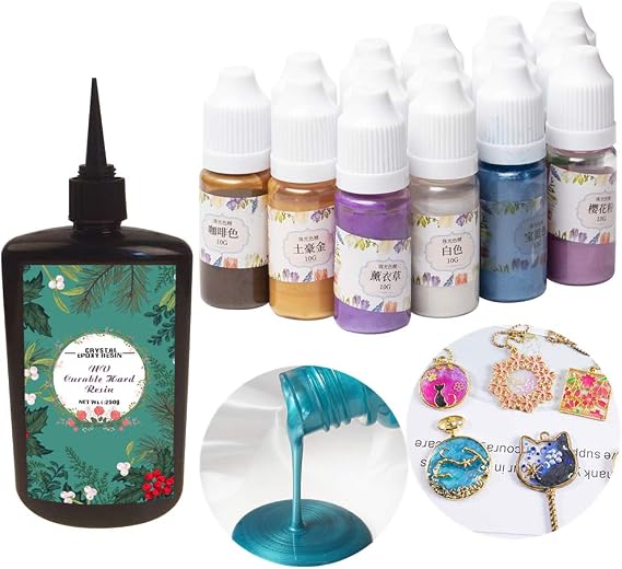 250g UV Resin Crystal Clear Transparent for Jewellery Making with 15 Pearlescent Liquid Pigment Inks Dyes Metallic Colours, Simple Kit for Resin Crafting