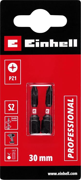 Orijinal Einhell Çift Torsiyonlu Darbeli Bit Seti, 2 Parça, 30 mm, PZ1 (S2 Çelik, Yüksek Dayanıklılık, Çift Torsiyon Etkisi, Kırmızı Renk Halkası, C 6.3 Sap) - 49132040