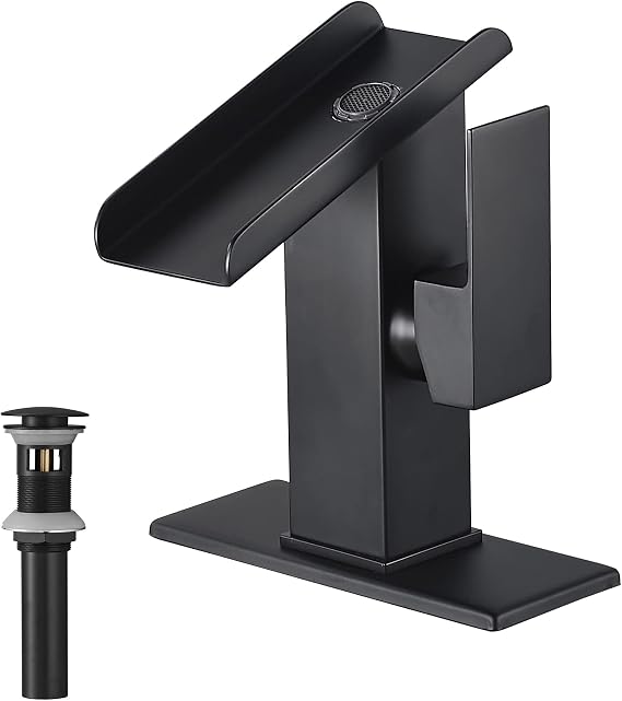 Black Bathroom Faucet Waterfall Matching Pop Up Drain Assembly with Overflow Deck Mount Commercial
