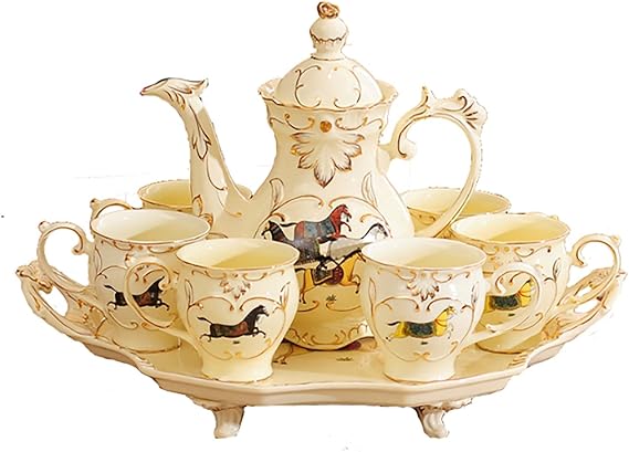 Tea Set, Europe Style coffee cup set/teapot Set/tea Cup， 6 ×Cups，1× Teapot,1×tray, Asian Tea Set， for Tea Lover/Women/Men(C)