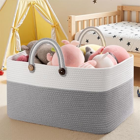 OIAHOMY 75L Large Blanket Basket, 22x17x12 Rectangle Woven Baskets For Storage, Nursery Blanket Storage Living Room, Toy Box With Long Handle-Gradient Grey With White